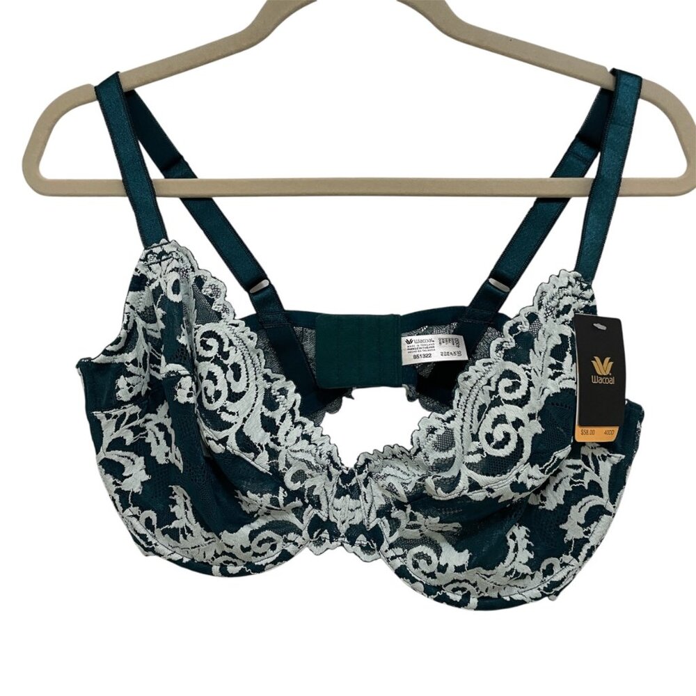 Wacoal Instant Icon Underwire Bra Deep Teal White Lace‎ Size 40DD NWT